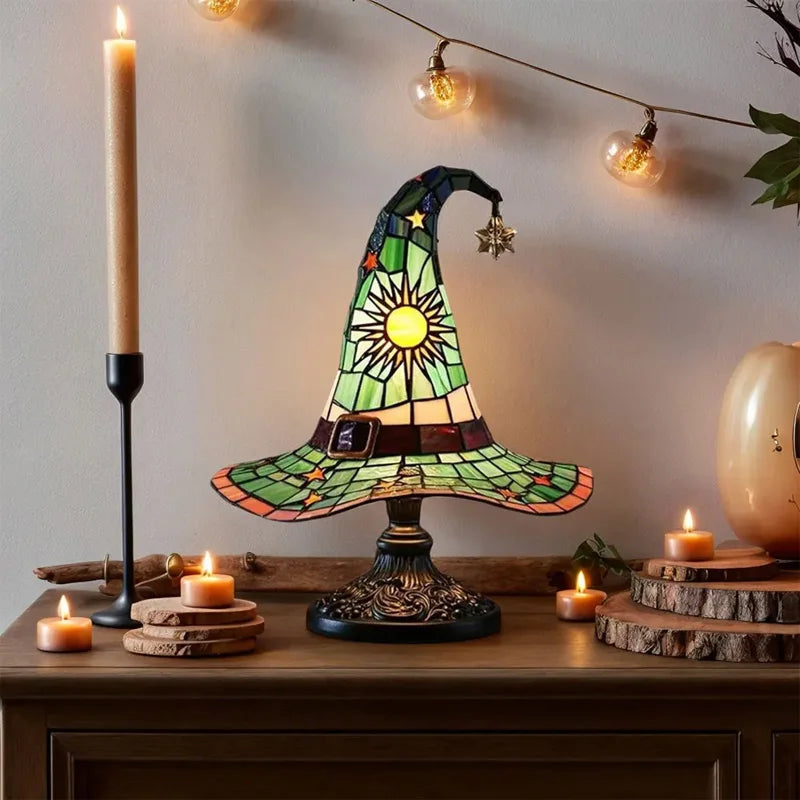 Stained Glass Witch Hat Night Light - USB Powered Table Lamp for Bedroom & Living Room Decor