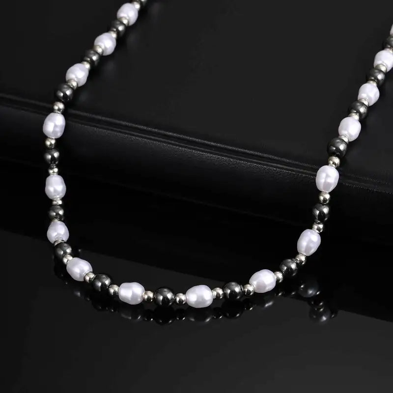 Men's Pearl Necklace Beaded Jewelry Natural Hematite Stainless Steel Gift