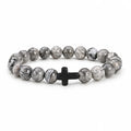 Unisex Natural Stone Beaded Prayer & Meditation Bracelet with Cross