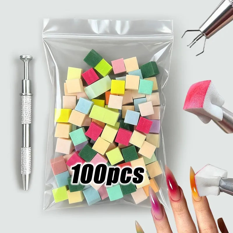 Colorful Mini Square Nail Sponge & Grab Pen Set for Gradient Nails DIY - 50/100PCS