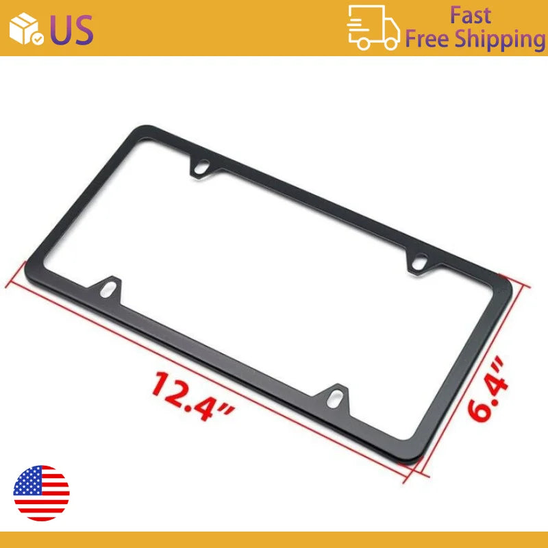 US Standard License Plate Frame Stainless Steel Slim Edges Square Holes Includes Screws & Wrench