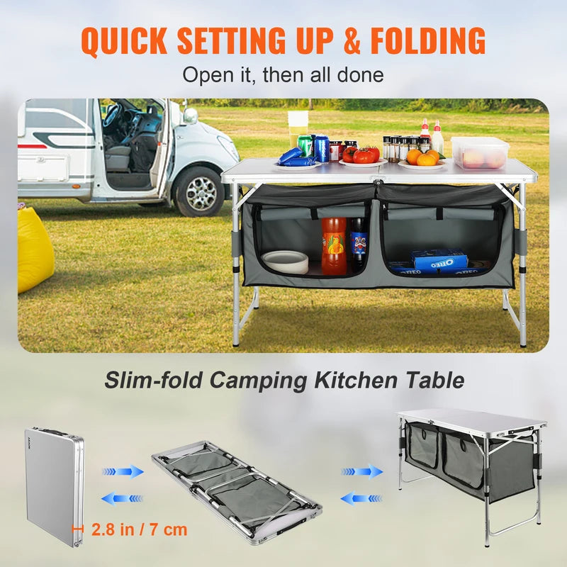 Portable Folding Camping Kitchen Table with Adjustable Heights and Storage