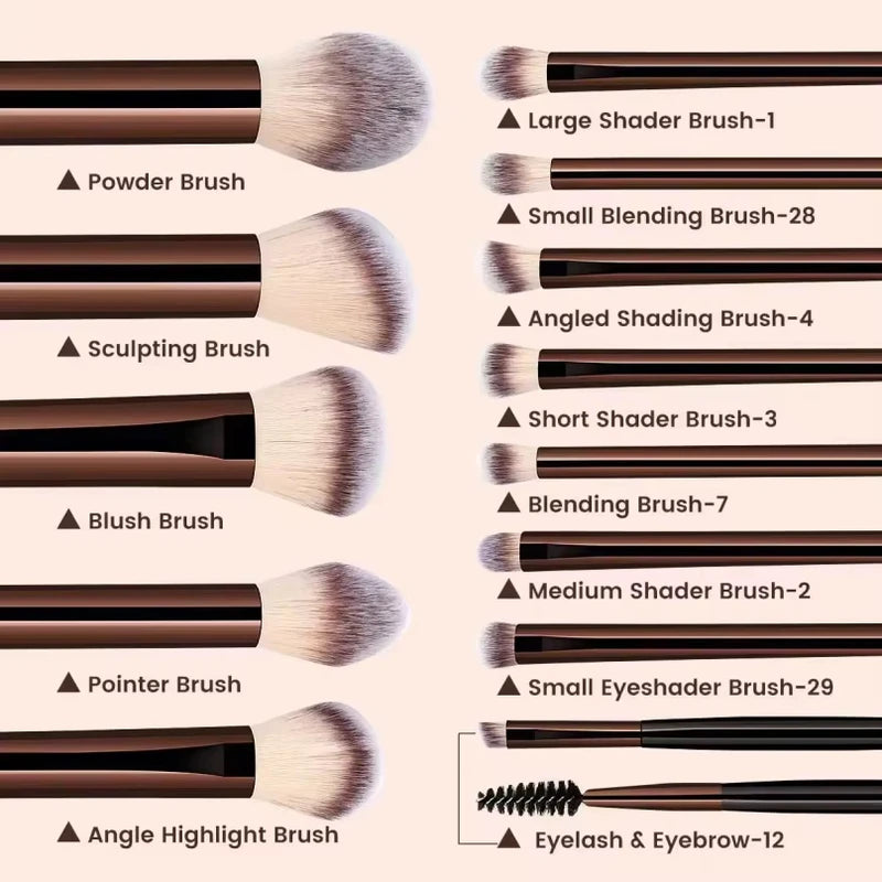 16-Piece Professional Makeup Brush Set with Bag and Puffs - Nylon Bristles, Metal Frame