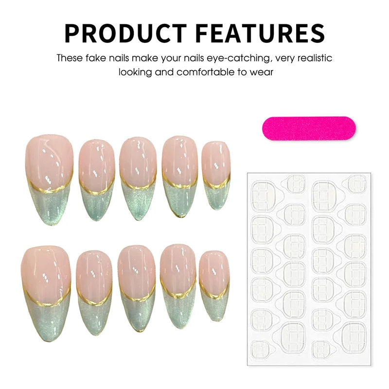 10PCS Handmade Press On Nails French Style with Glass Beads and Cat's Eye Effect