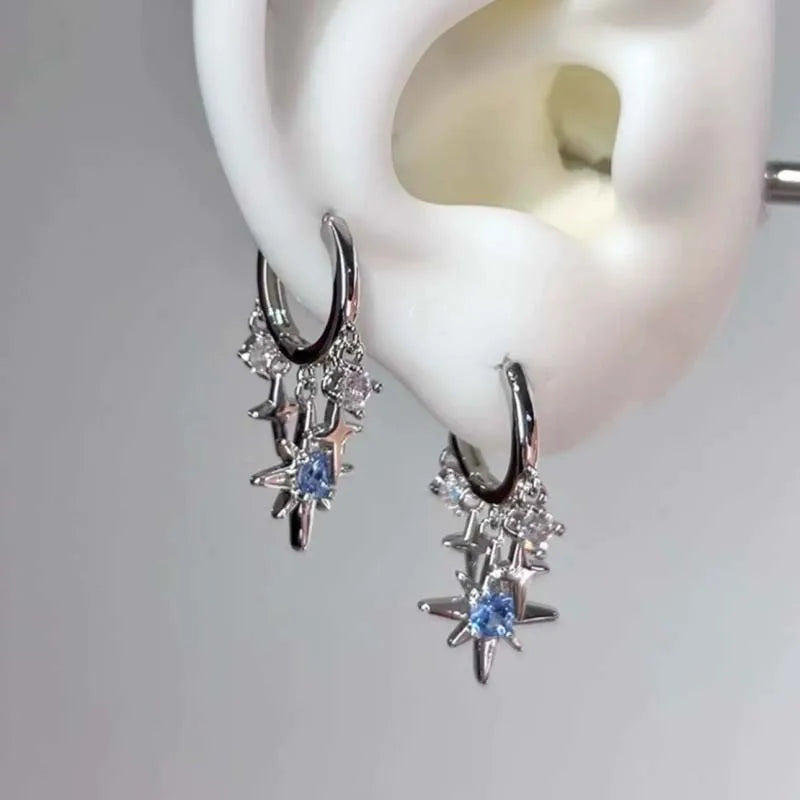 Y2K Blue Zircon Star Tassel Earrings for Women Men Silver Jewelry Gift