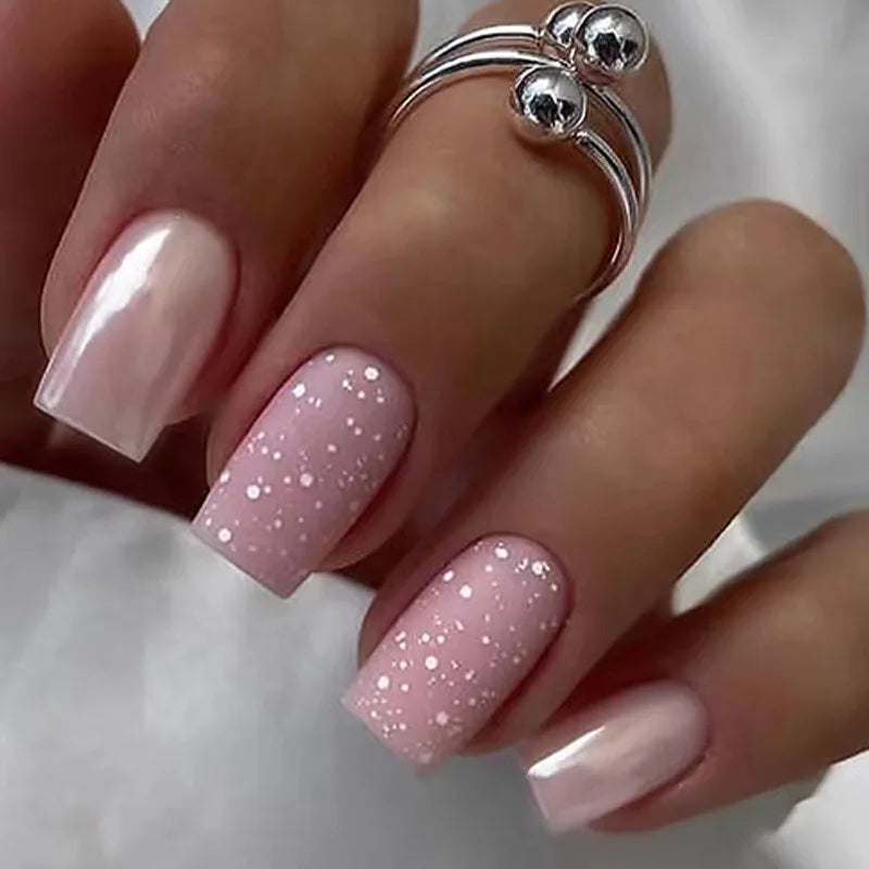 24Pcs Short French Fake Nail Tips with Aurora Glitter & Jelly Stickers