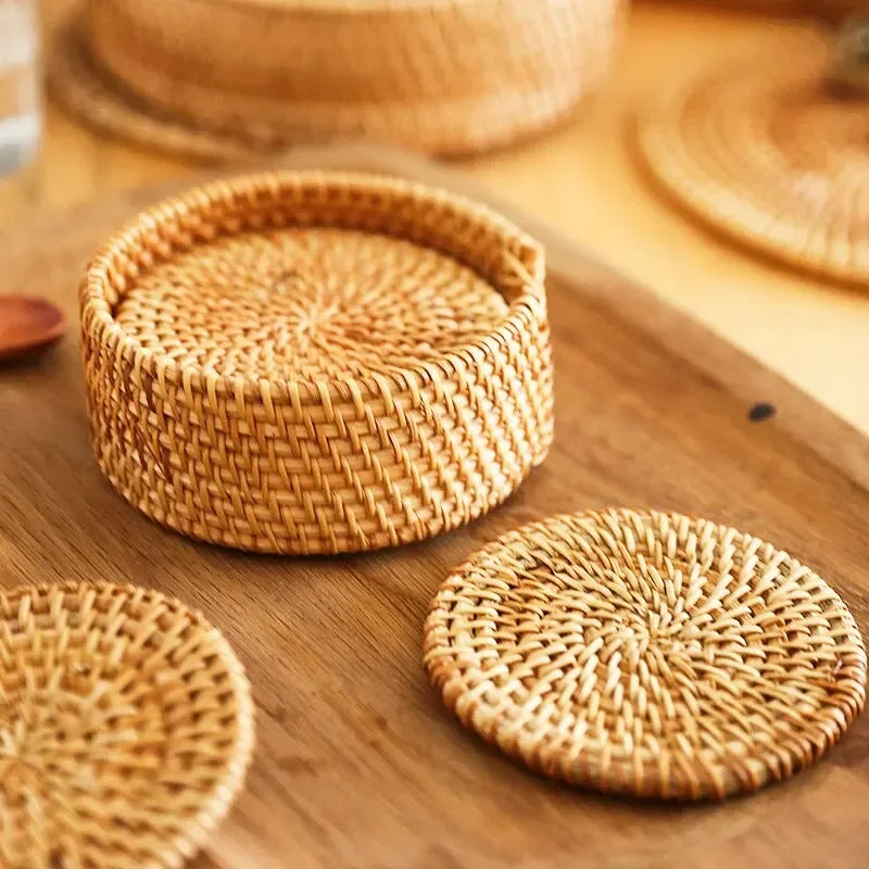 Rattan Cup Coasters Set 6 Pcs Drink Placemat for Tea & Tableware