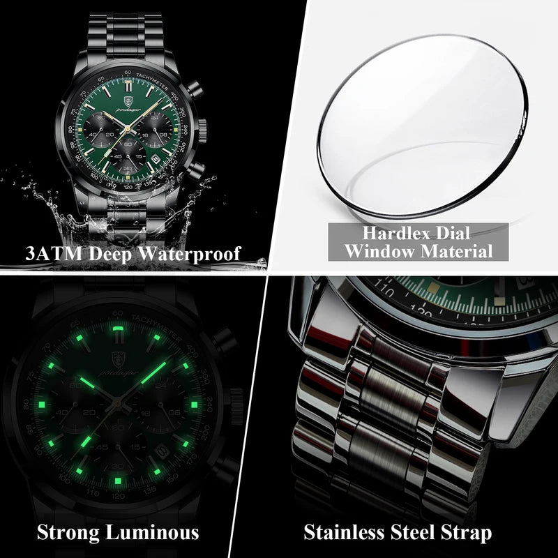 Men's Waterproof Luminous Chronograph Quartz Watch with Stainless Steel Band