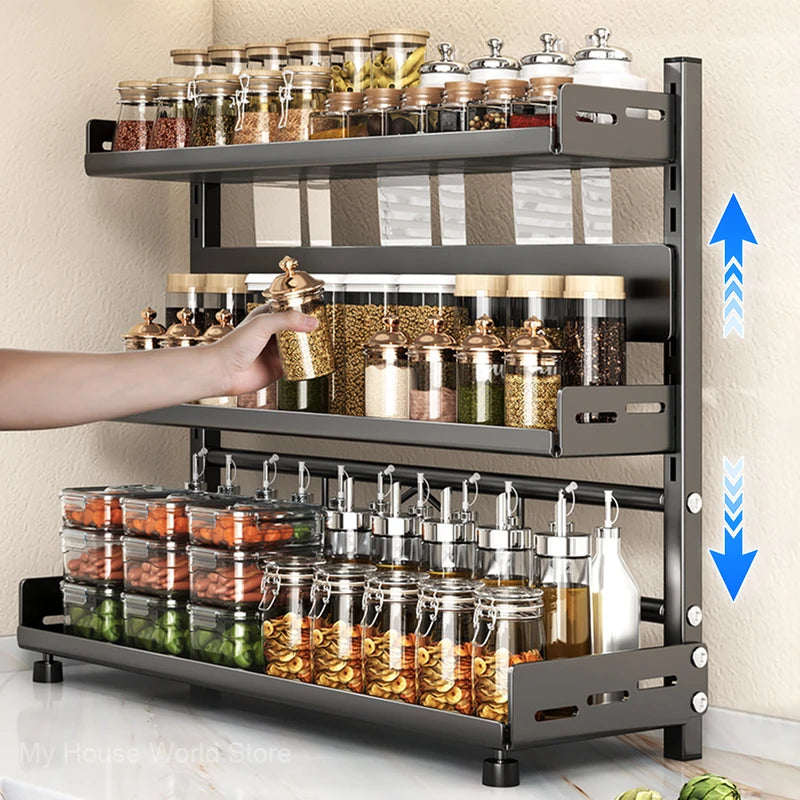 3 Tier Adjustable Spice Storage Rack for Countertop Kitchen Organization - Metal Shelf Black