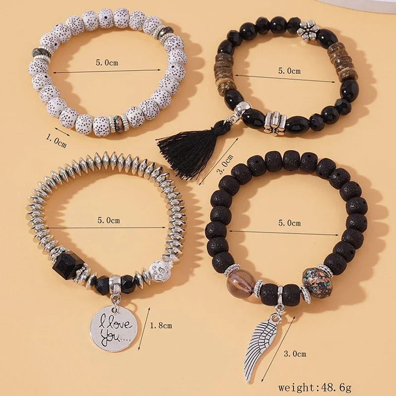 Bohemian Beaded Bracelet Set for Women with Letter, Wing, Tassel Charms, Elastic Chain Bangles, Boho Jewelry