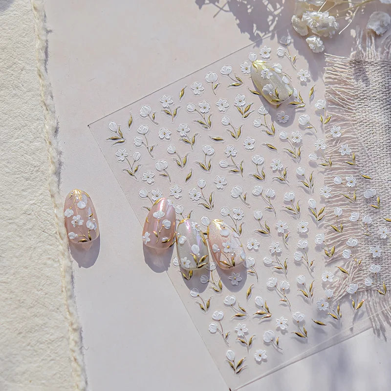 Gold Leaf Flower Bouquet Nail Art Stickers - 5D Self-Adhesive Manicure Decals