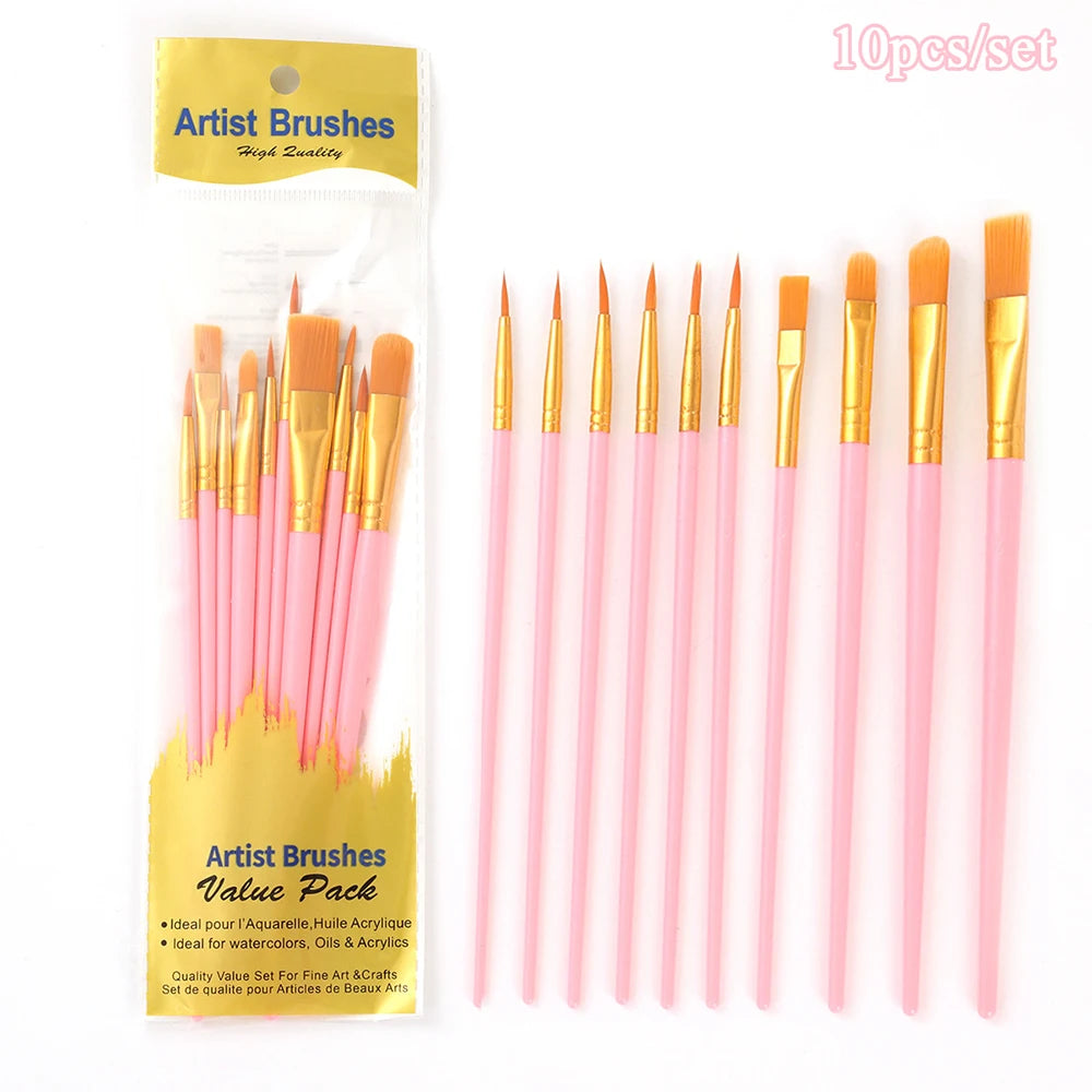 10-Piece Artist Paint Brush Set - Nylon Hair Watercolor & Body Painting Tools