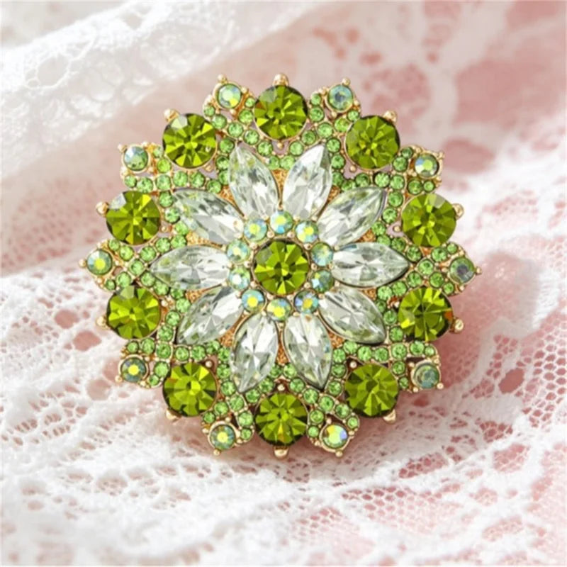 Luxury Green Rhinestone Sunflower Brooch Pin for Women Party Jewelry Accessories