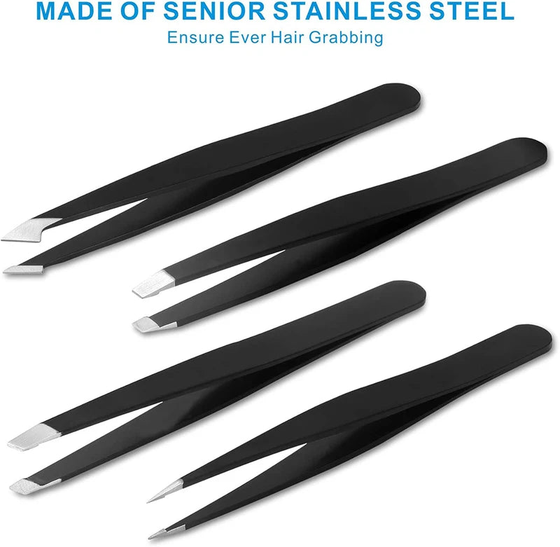 4PCS Stainless Steel Tweezers Set for Eyebrows Facial Hair Ingrown Hair Removal