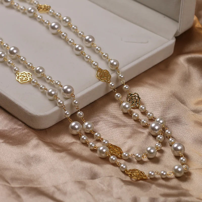 Vintage Lady Camellia Pearl Flower Necklace Double Layer Elegant Jewelry for Women
