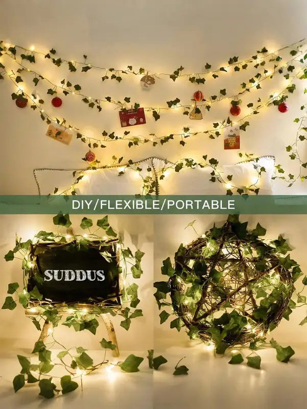 Battery Powered Ivy String Lights with Leaf Design - 32.81ft 100 LEDs for Garden, Party, Bedroom Decor