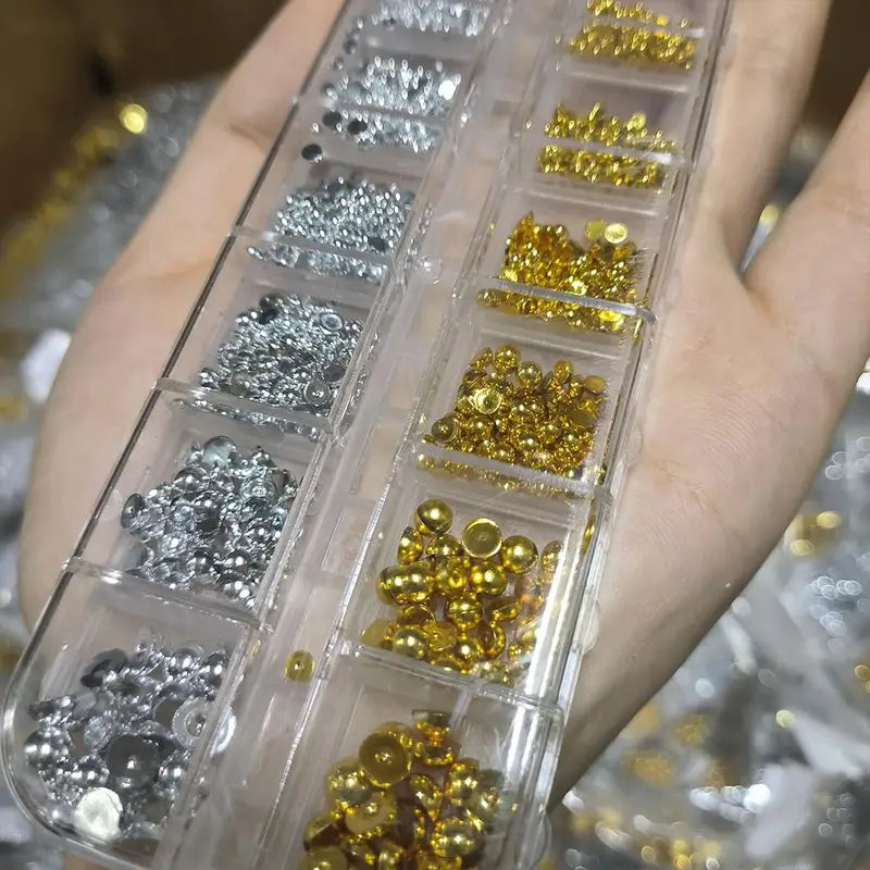 12Grids 3D Silver Pearls Nail Charms Mix Sizes Flatback Caviar Beads for Nail Art