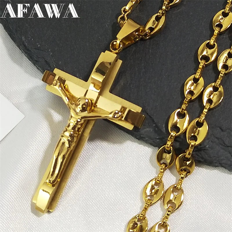 Christian Jesus Cross Pendant Necklace for Men Women Stainless Steel Gold Chain