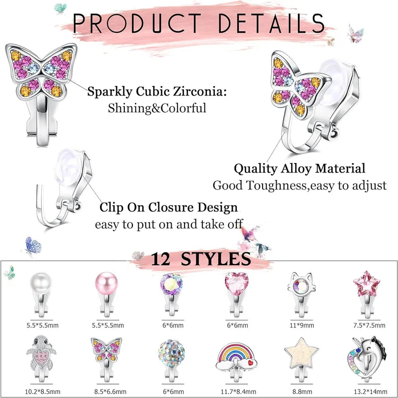 12 Pairs Clip-On Earrings Set for Women CZ, Pearl, Star, Heart & Butterfly Jewelry