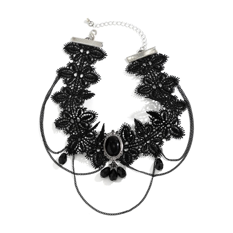 Gothic Black Lace Rope Chain Necklace with Crystal Beads and Geometric Charm - Girls Women Party Jewelry