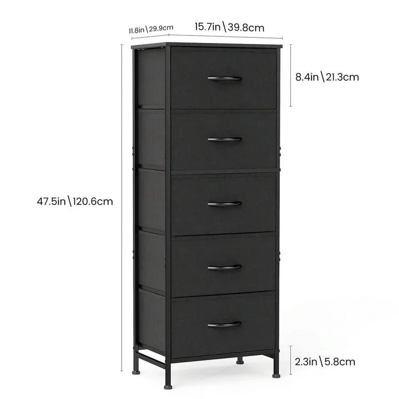 5-Drawer Dresser with Fabric Bins, Steel Frame & Wood Top - Bedroom Storage Organizer