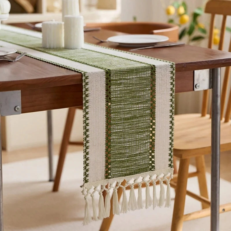 Boho Striped Table Runner with Tassels - Rustic Home Decor for Dining & Coffee Tables