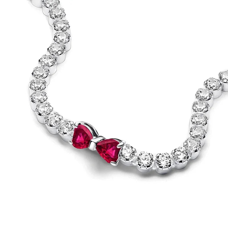 Valentine Pink Bow Silver Bracelet for Women - Diamond Charm Jewelry