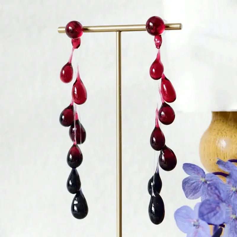 Gothic Blood Drop Tassel Earrings - Red Water Drop Resin Jewelry for Women Halloween
