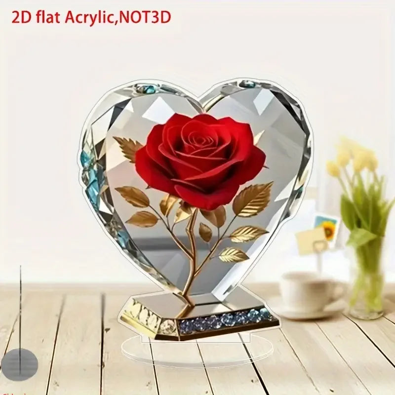 Heart-Shaped Rose Acrylic Desktop Sculpture - Elegant Office & Home Decor