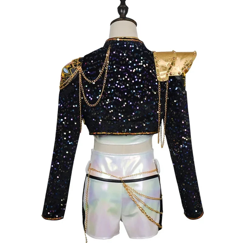 Korean Style Woman Suit Halloween Cosplay Costume Black Shiny Suit