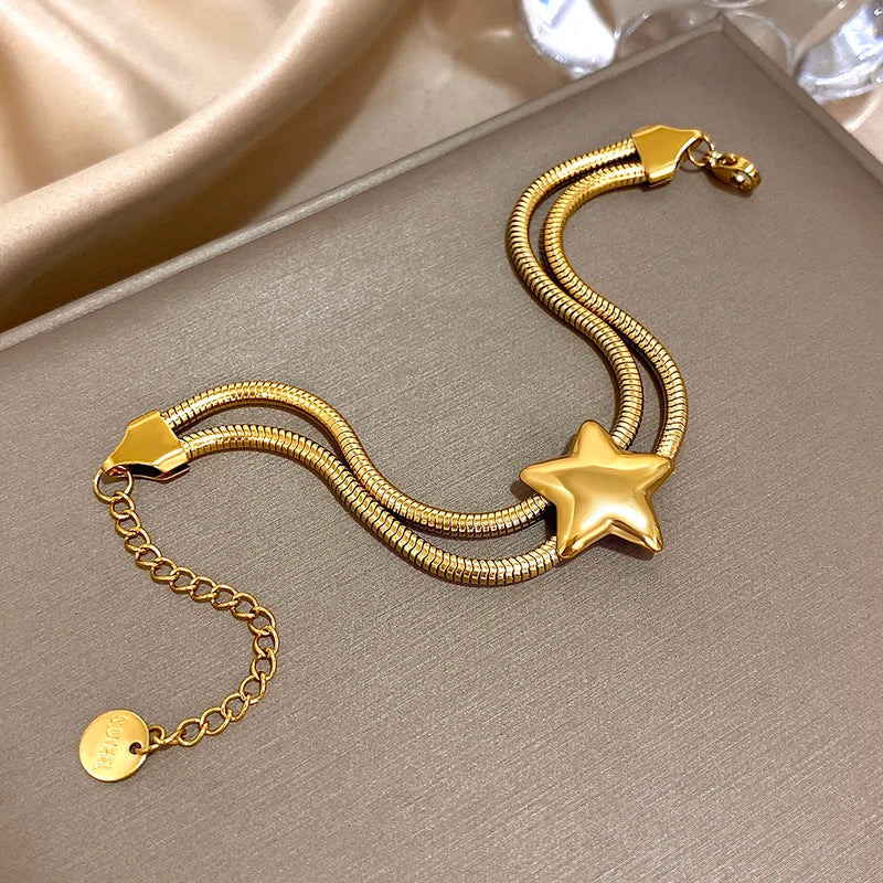 Vintage Double-Layer Stainless Steel Elastic Chain Bracelet with Star Charm - Waterproof Jewelry