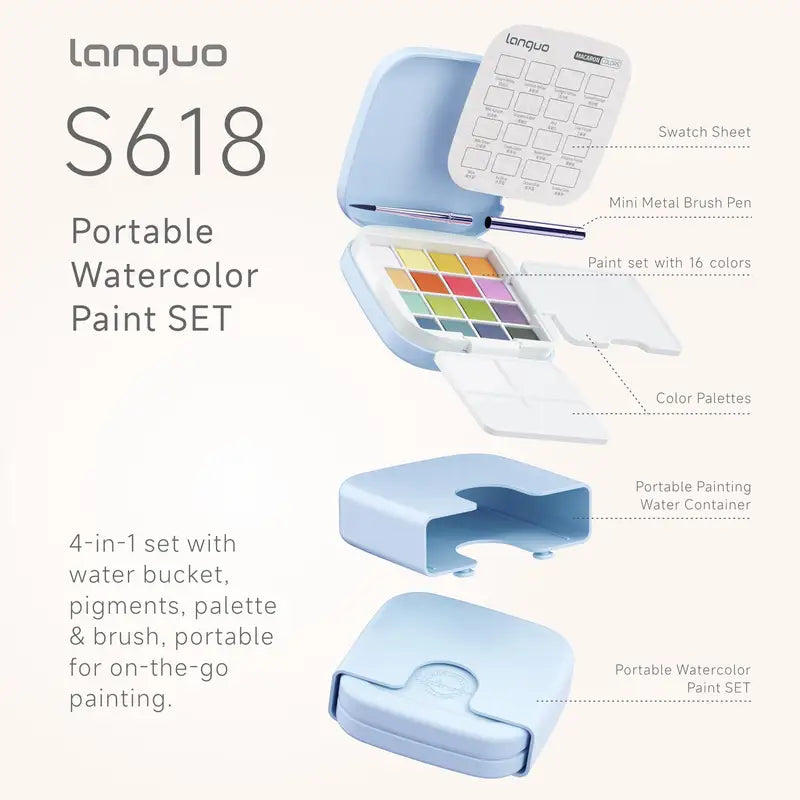 16-Color Portable Watercolor Paint Set with Travel Brush & Palette
