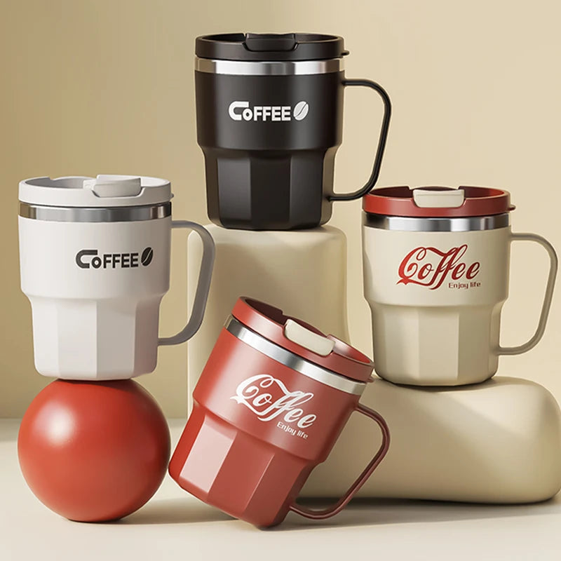 Stainless Steel Double Layer Coffee Mug with Lid & Handle - Reusable Drinkware