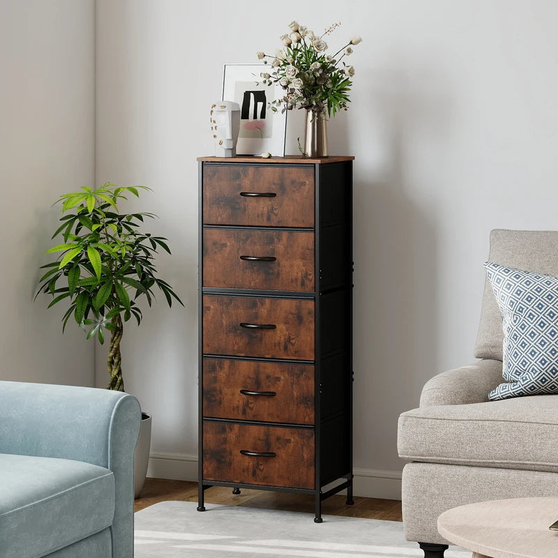 5-Drawer Fabric Storage Cabinet with Wooden Top - Tall Closet Organizer