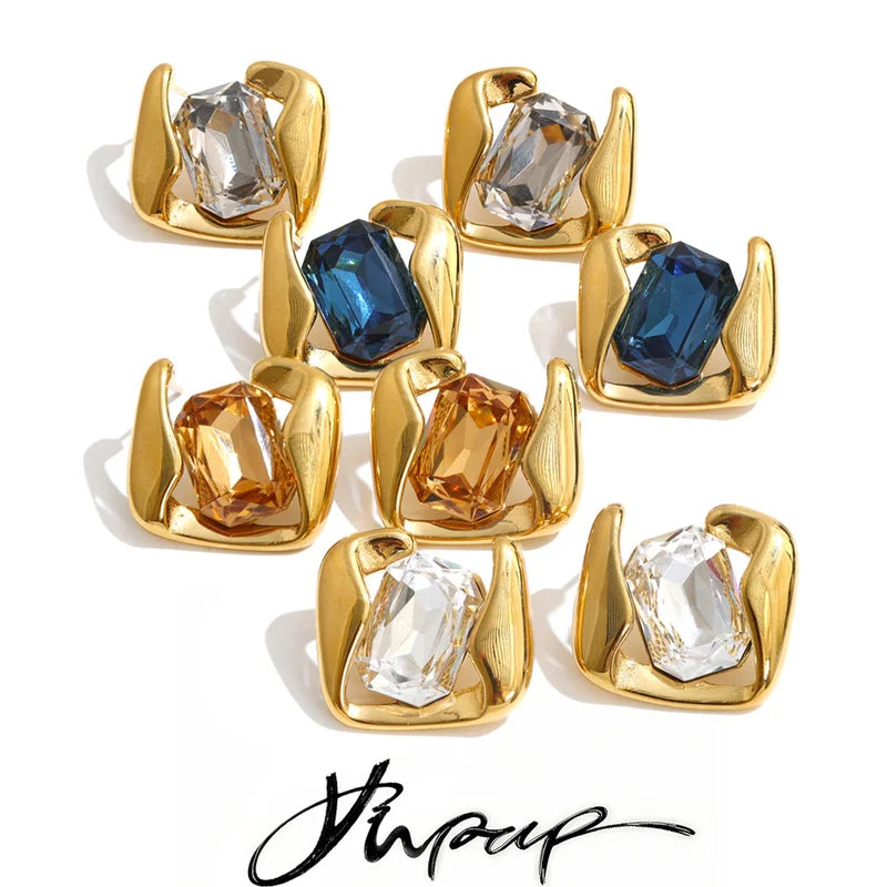 Multi-Color Crystal Square Stud Earrings 16K Gold PVD Plated Jewelry