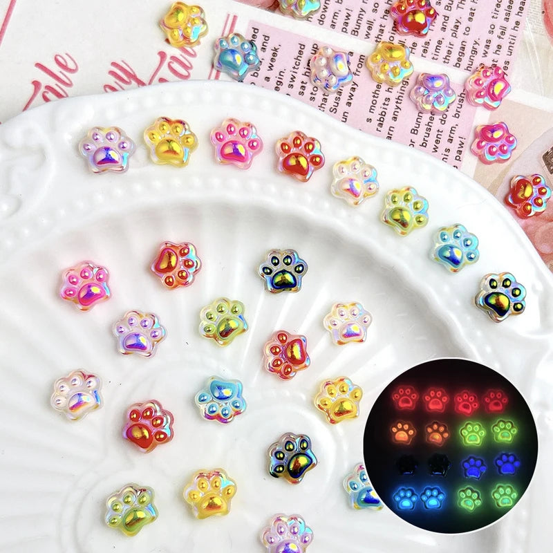 50Pcs Cat Paw Nail Charms Aurora Luminous Animal Paw Nail Art Decorations Cute Resin Flatback DIY