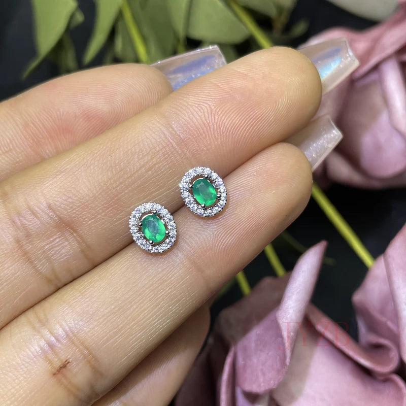 Natural Emerald Stud Earrings 3x4mm 925 Silver Colombia 0.5ct Luxurious Jewelry