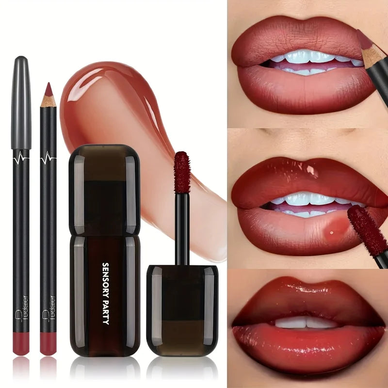 Gradient Lip Set with Lip Liner and Glass Gloss - Nude Shades, Long-Lasting