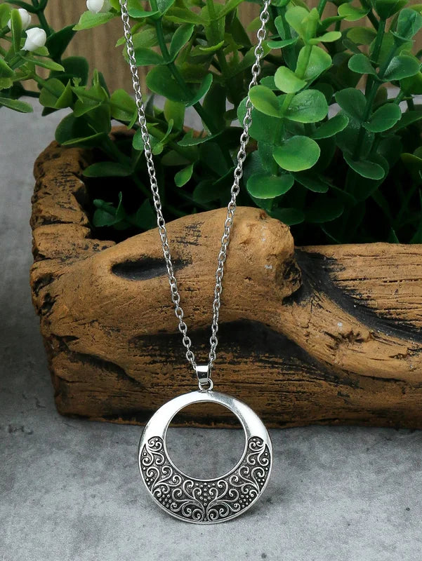 Vintage Ethnic Silver Pendant Earrings Necklace Set for Women - Carved Jewelry