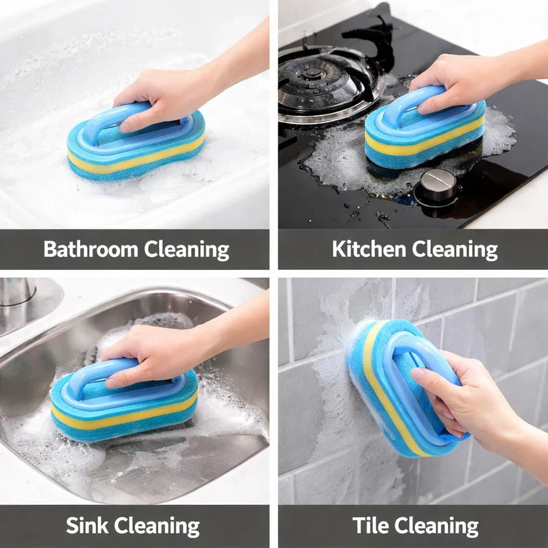 Household Cleaning Brush with Handle - Durable Sponge & Plastic Scrubbing Tool for Kitchen & Bathroom