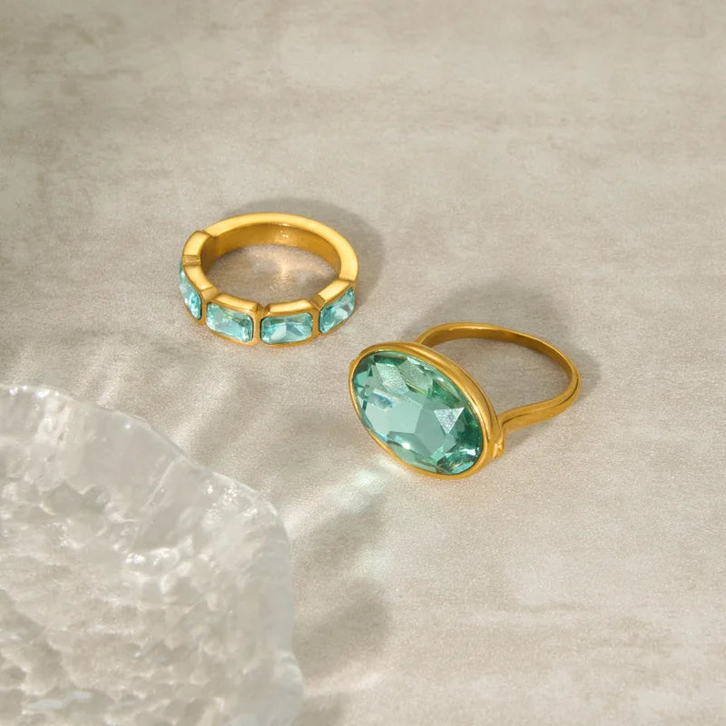 Large Blue Glass Finger Rings for Women - Minimalist Zirconia Jewelry Set