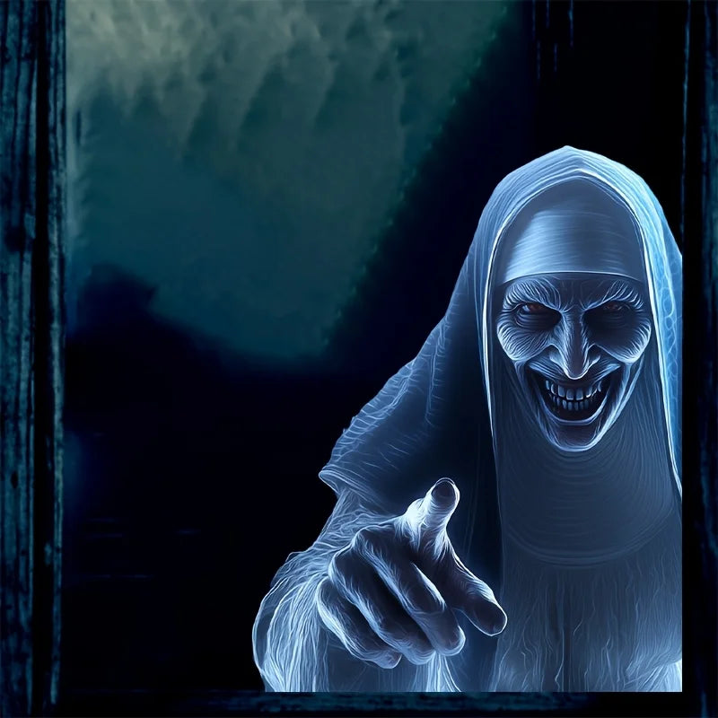 Halloween Zombie Nun Window Stickers - Evil Smile Vinyl Decals for Indoor Party Decor