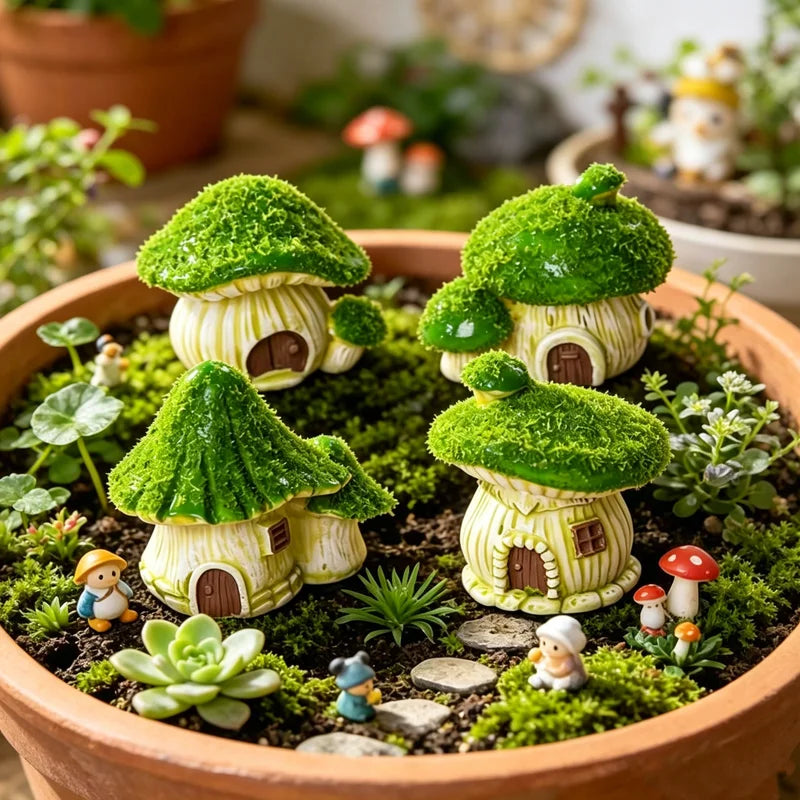 Miniature Mushroom House Garden Ornaments - Cute Landscape Moss Decor, Desktop Bonsai Accessories