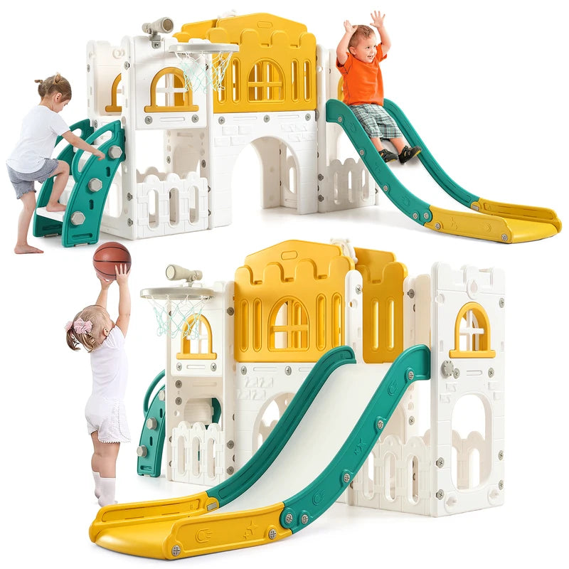 8-in-1 Toddler Indoor Playground with Slide and Basketball Hoop, Kids Outdoor Playset