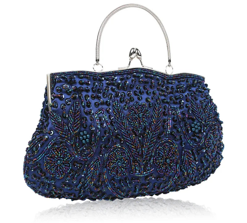 Women's Beaded Embroidered Small Evening Clutch Bag with Chain Shoulder Strap