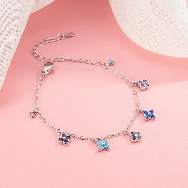Multicolored Four-Leaf Clover Silver Bracelet and Anklet for Women Jewelry Gift