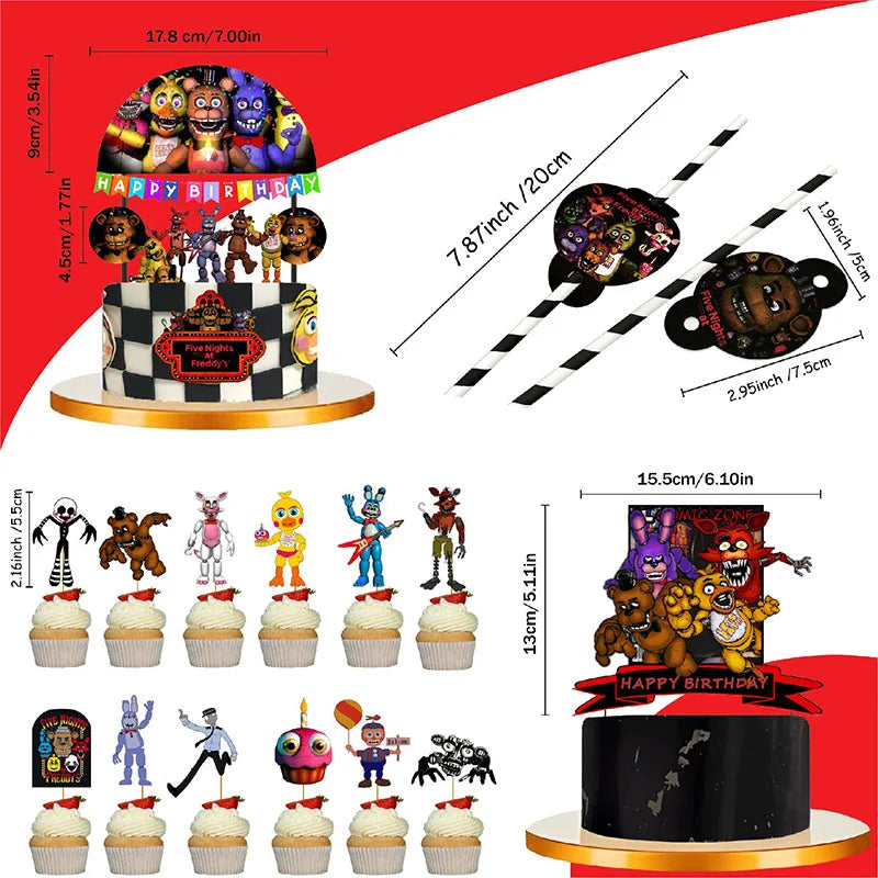FNAF Themed Cake Flag & Cupcake & Straw Set for Birthday & Halloween Parties