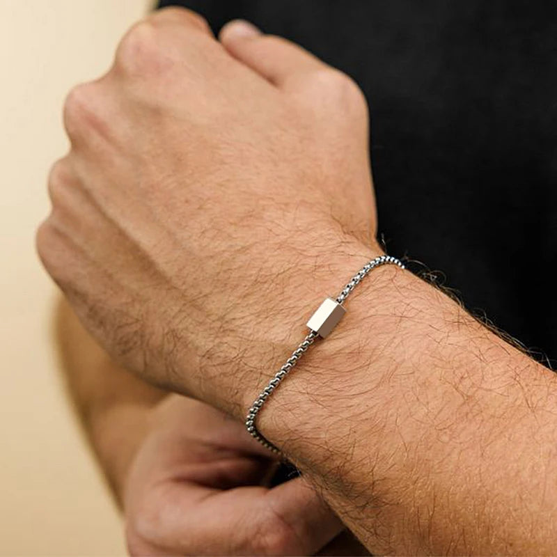 Stainless Steel Box Chain Bracelets for Men Teens Geometric Square Tube Charm Jewelry