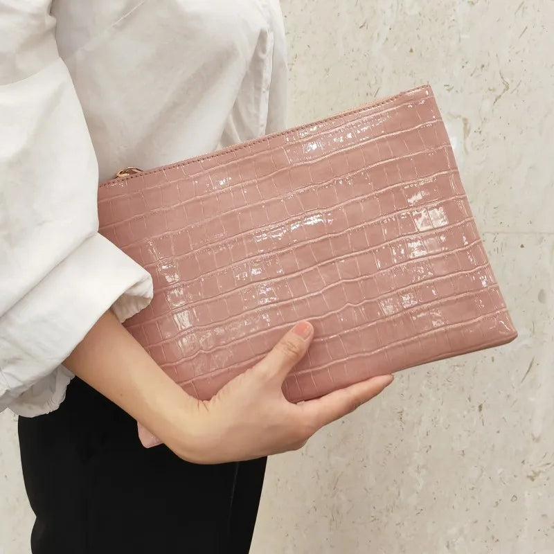 Women’s Crocodile Leather Envelope Clutch Bag Large Evening Party Handbag