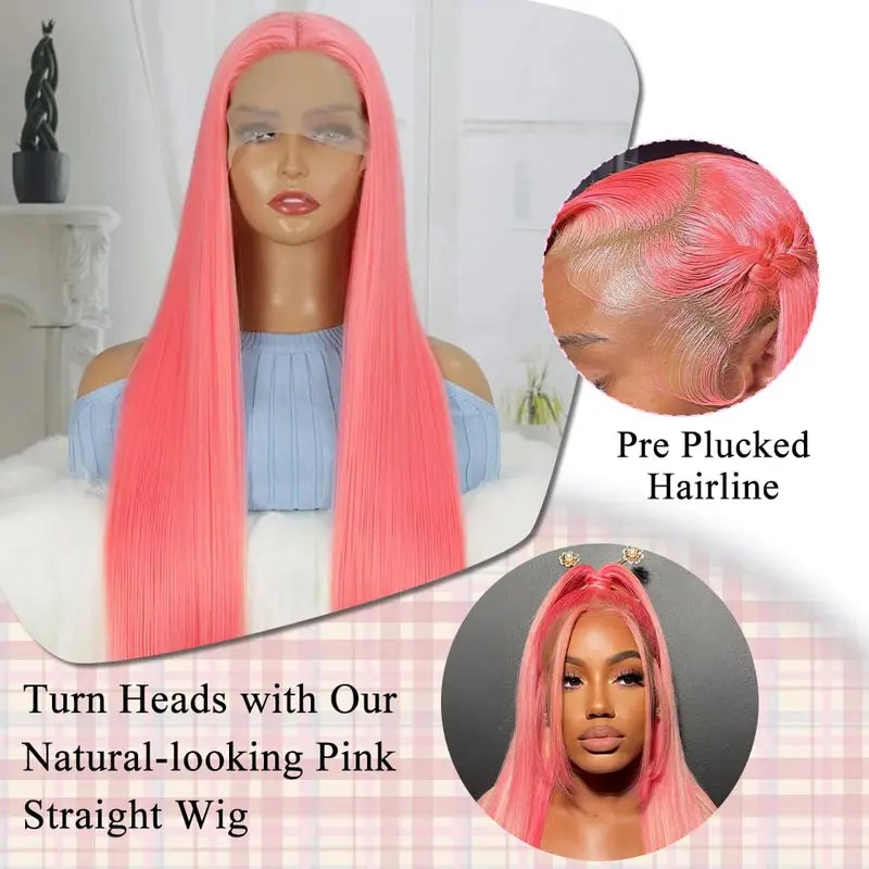 Pink Lace Front Wig 30 Inch Human Hair with Pre-Plucked Natural Hairline